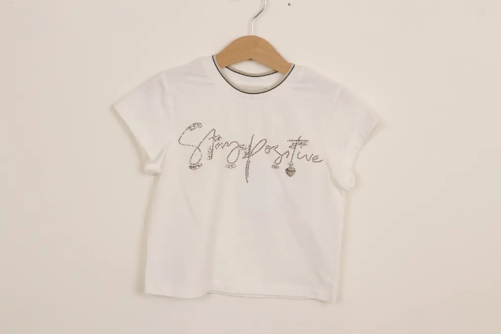 [S25-2606-3-4] ALICE PI - T-shirt Ivoir ecrit "STAY POSITIVE" (3-4 ans)