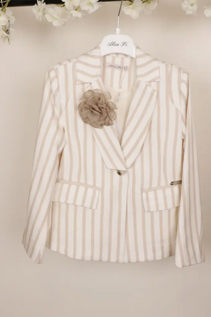 [S25-2916-5-6] ALICE PI - Veste Lignée Ivoir et beige avec fleur (5-6 ans)