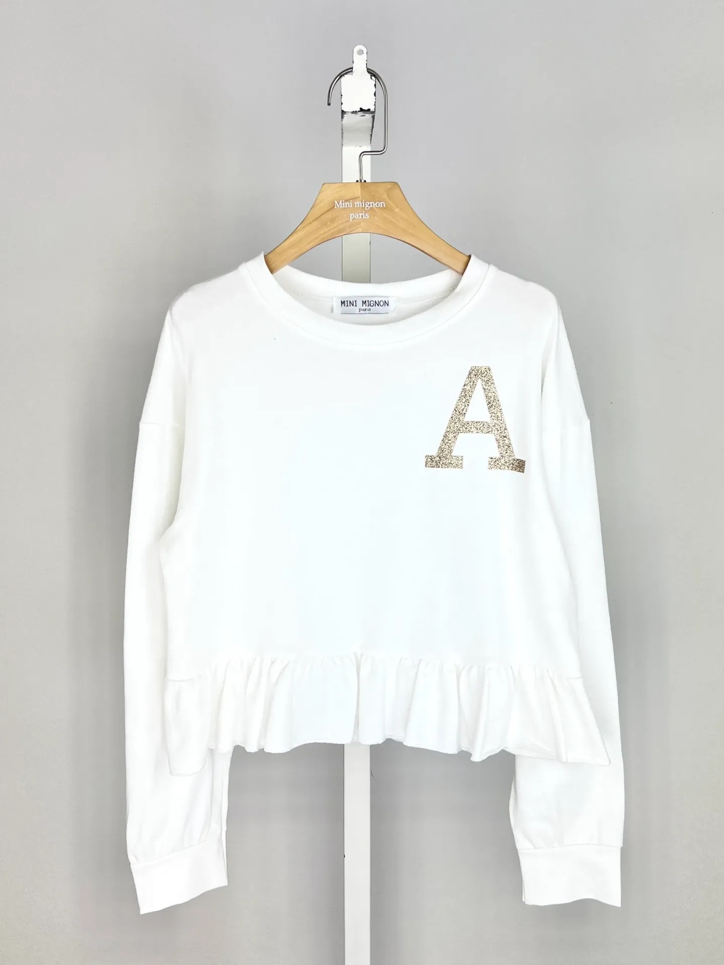 MINI MIGNON - SWEAT Ecru à volant "A" doré