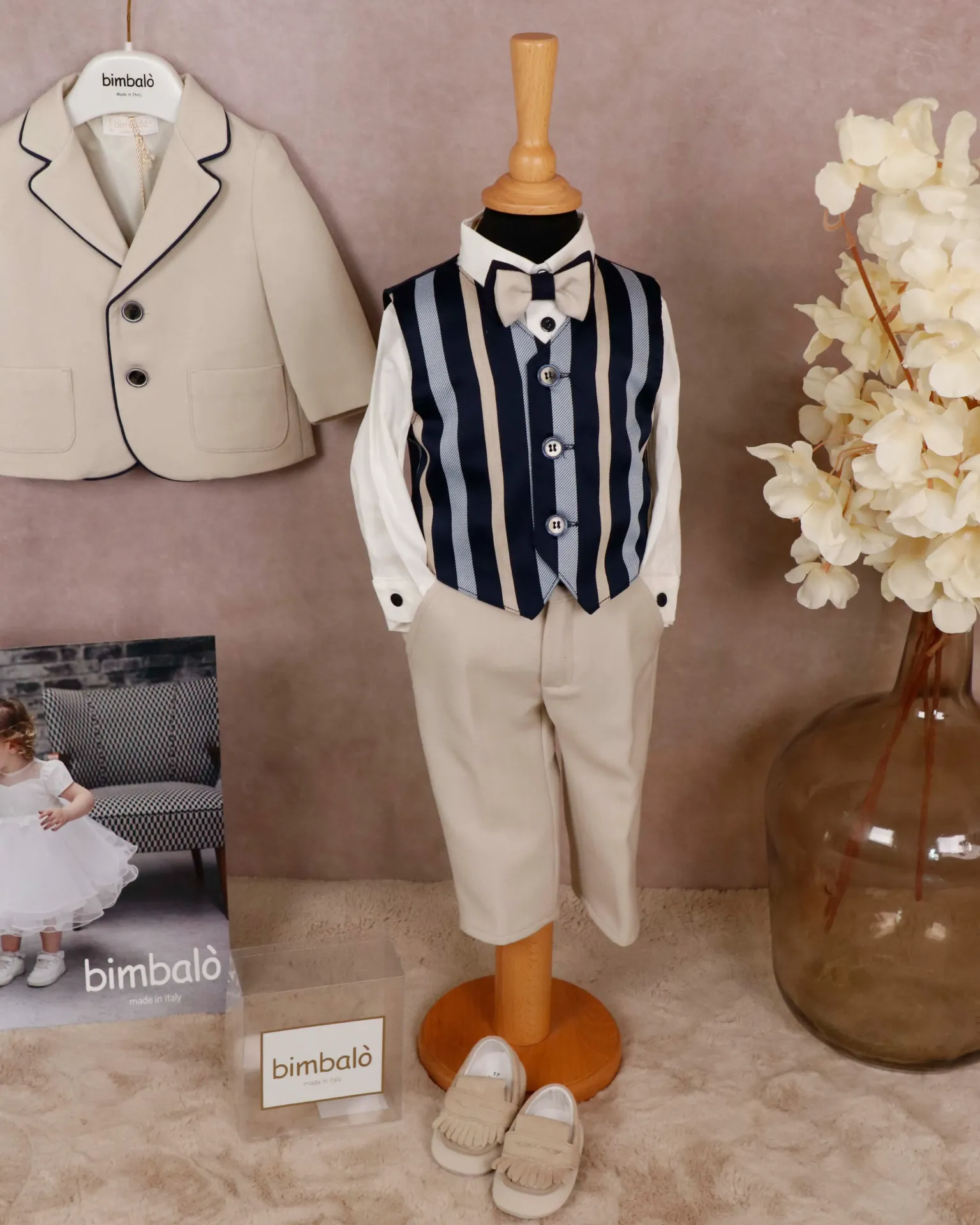[7457] BIMBALO - Costume 4 pièces Beige et Bleu (6 mois)