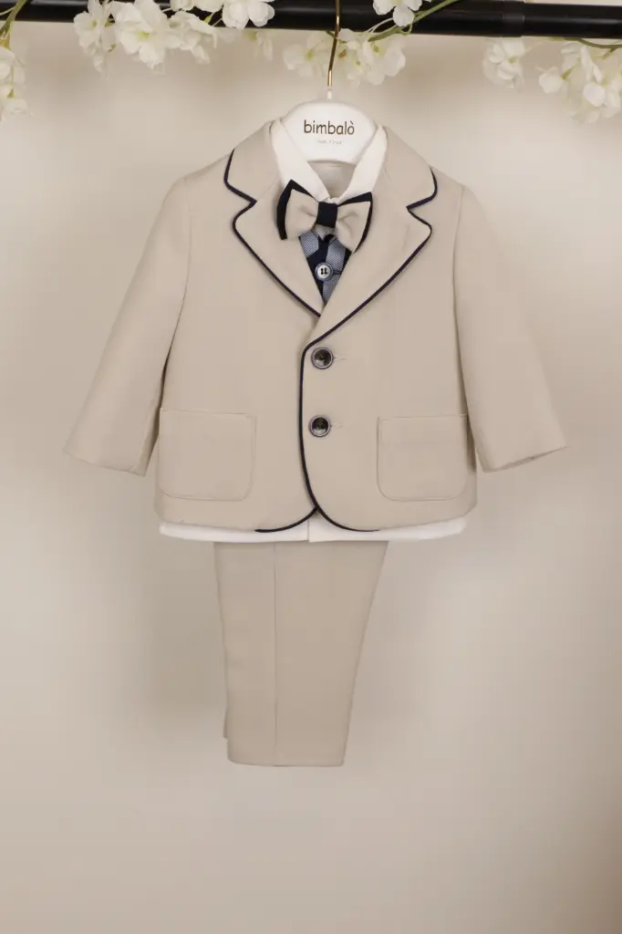 [7457] BIMBALO - Costume 4 pièces Beige et Bleu (6 mois)