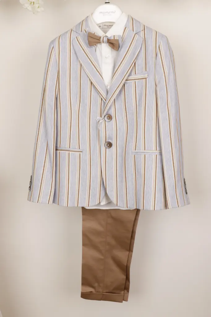 [10228-6A] BIMBALO - Costume Garçon Lin Ligné Bleu/beige (28 (6ans))