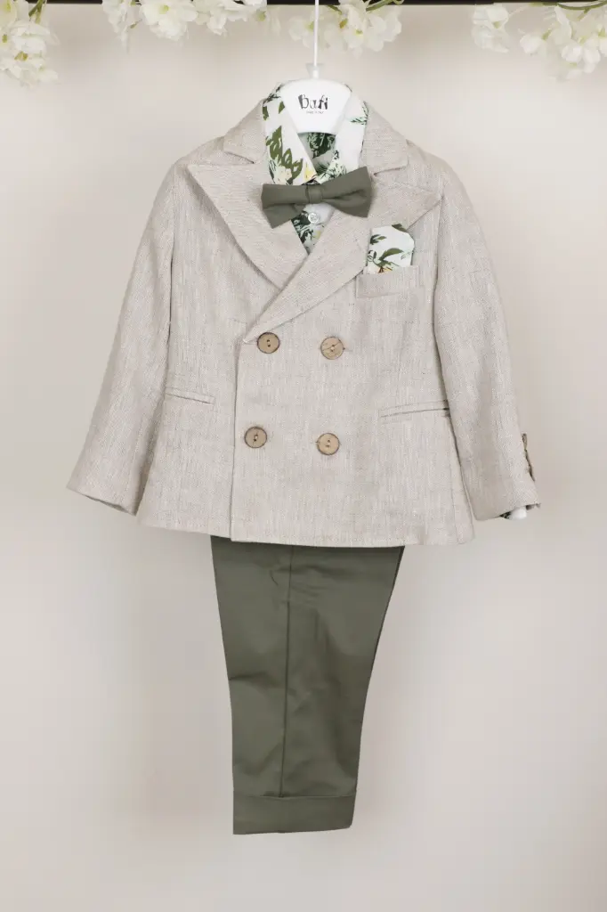 [B0375AB-2A] BUFI - Costume garçon  5pces - Beige/kaki/fleur (2 ans)