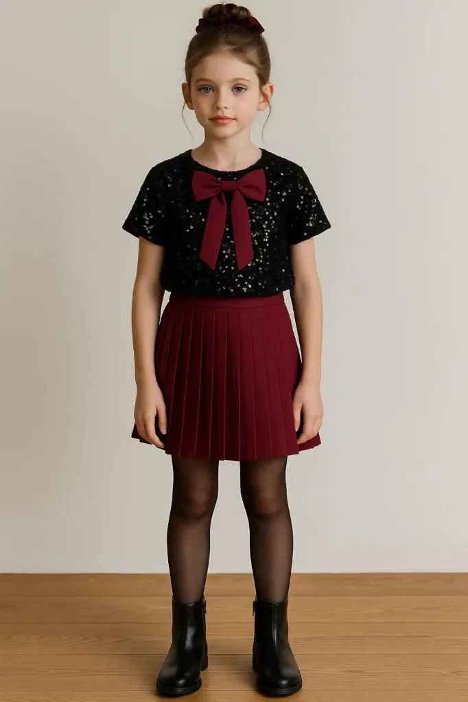 [TOP458] MINI MIGNON - Blouse à Sequin avec Nœud Noir et Bordeau (4 ans)