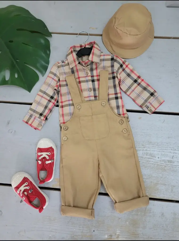 CHICAPRE - Salopette Beige + chemise à carreaux (6 mois)
