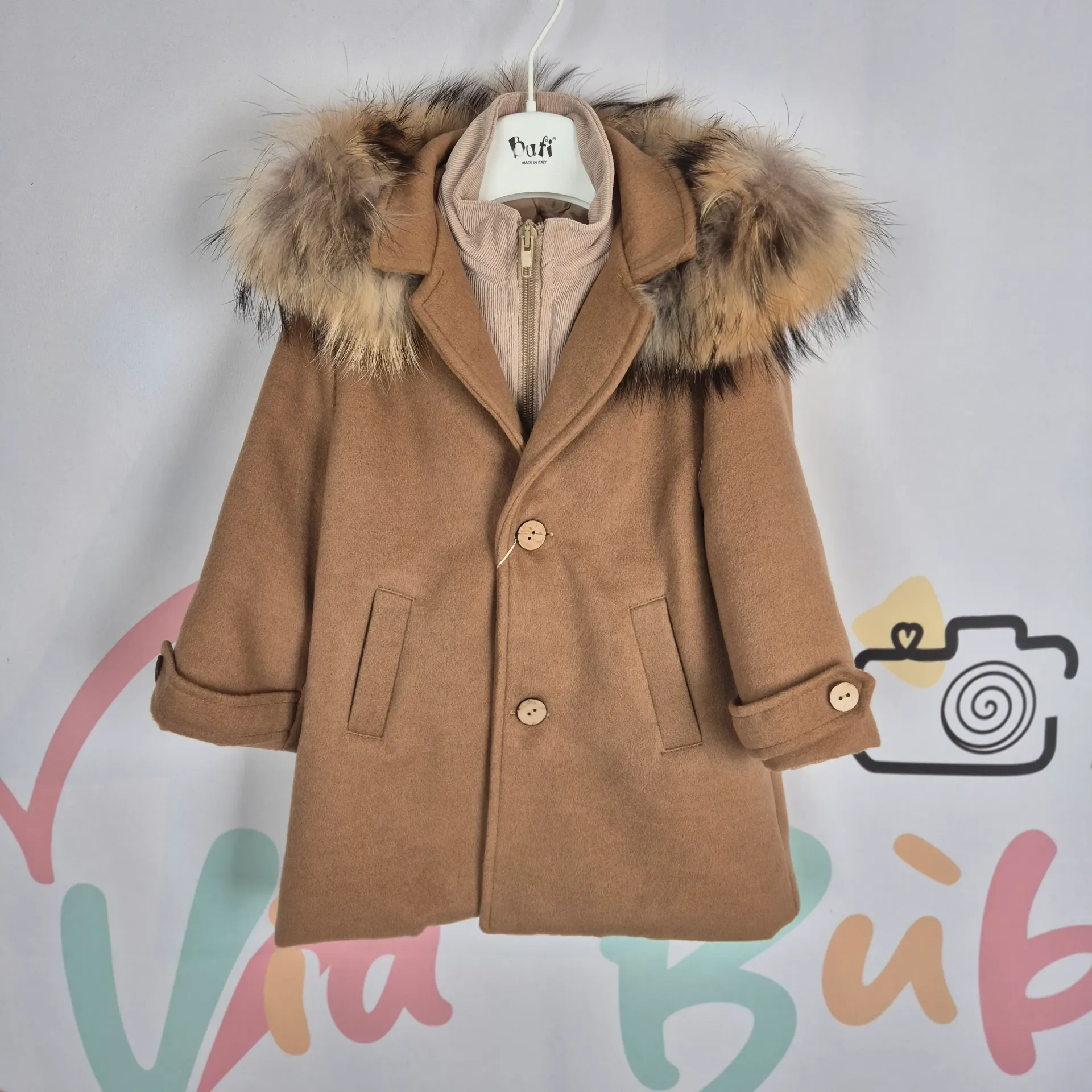 BUFI - MANTEAU A CAPUCHE FOURURE CAMEL