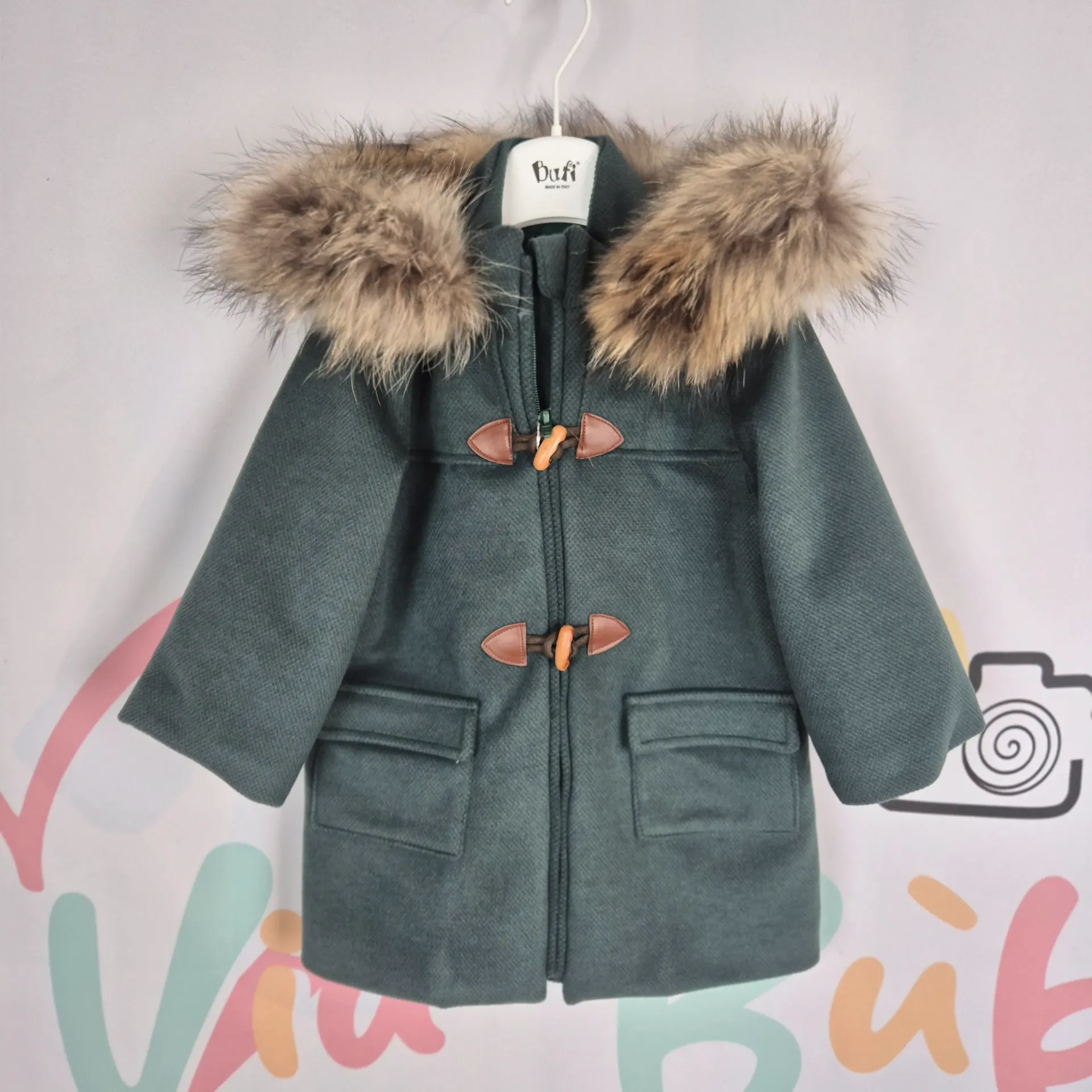 [M0484A-12] BUFI - MANTEAU A CAPUCHE FOURURE VERT (12 mois)