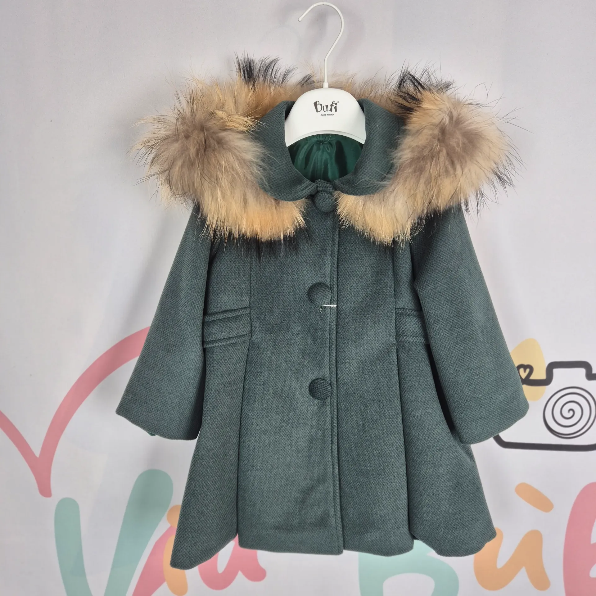 [B0545A-12] BUFI - MANTEAU A CAPUCHE FOURURE VERT FILLE (12mois)