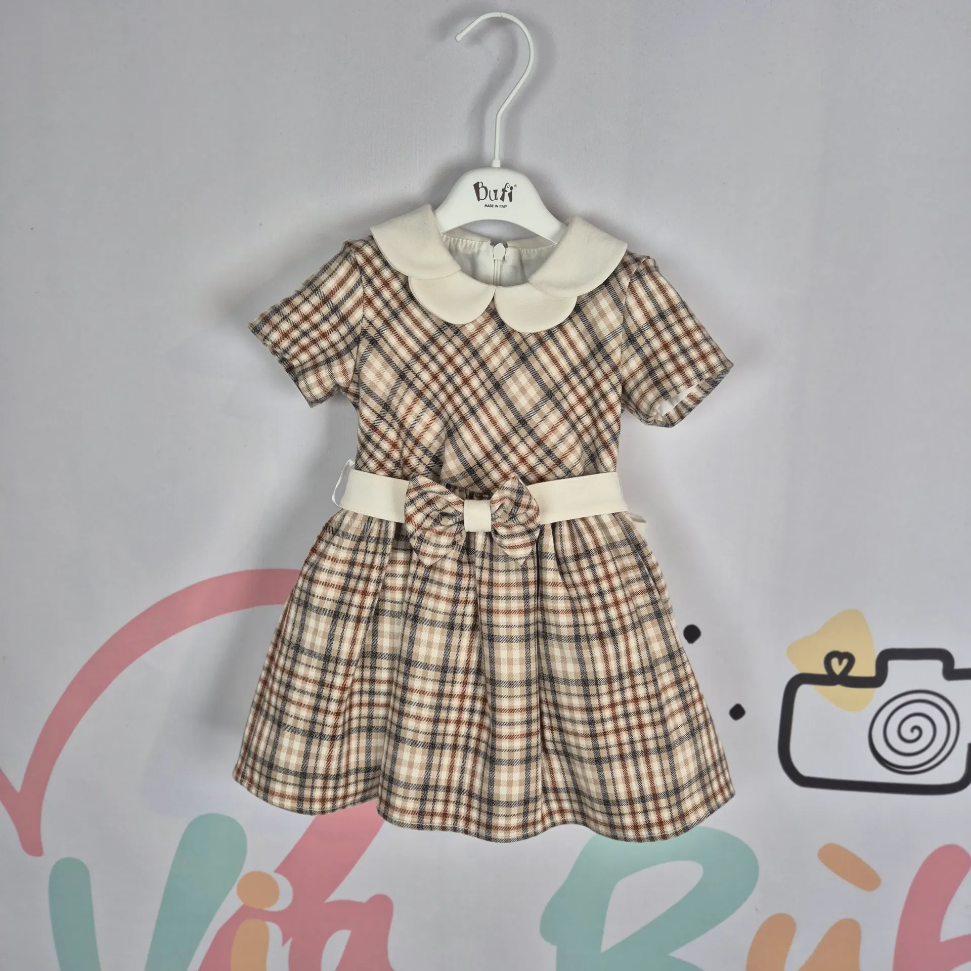 BUFI - ROBE A CARREAUX BEIGE/VERT