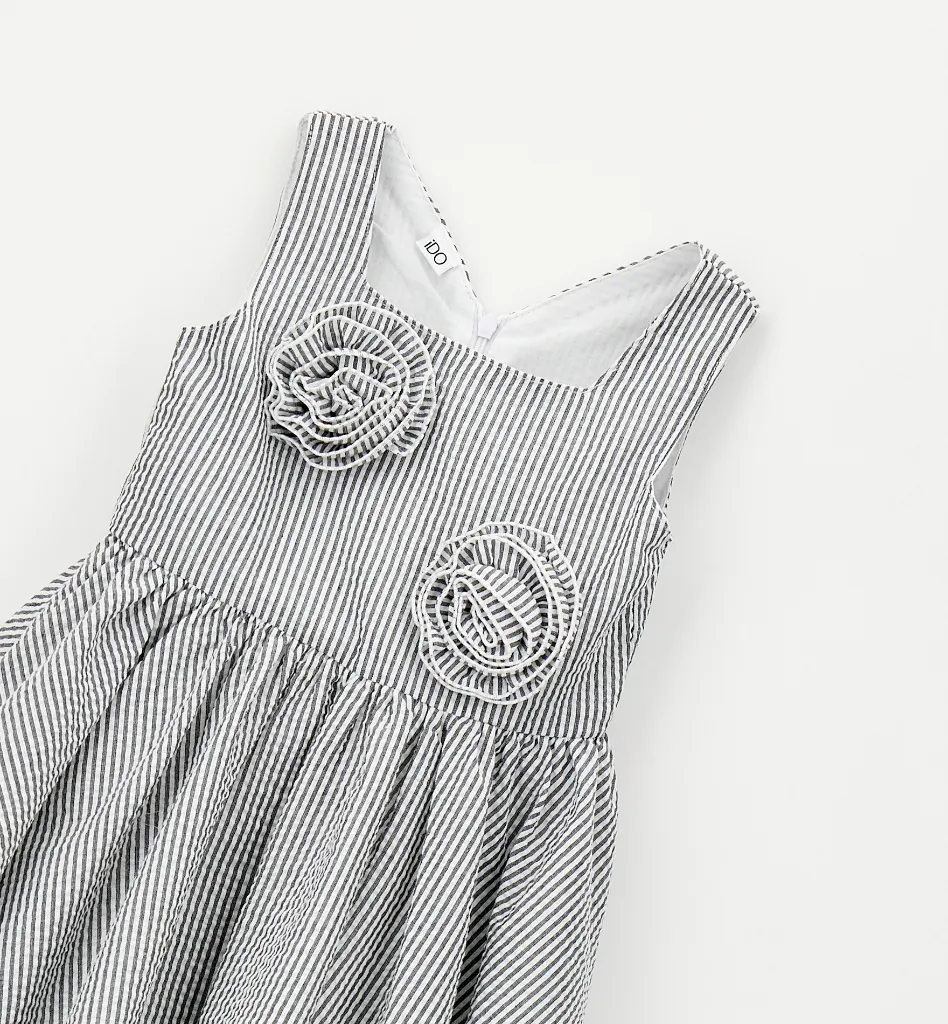 IDO -  ROBE FLEUR ligné Gris Bleu & Blanc