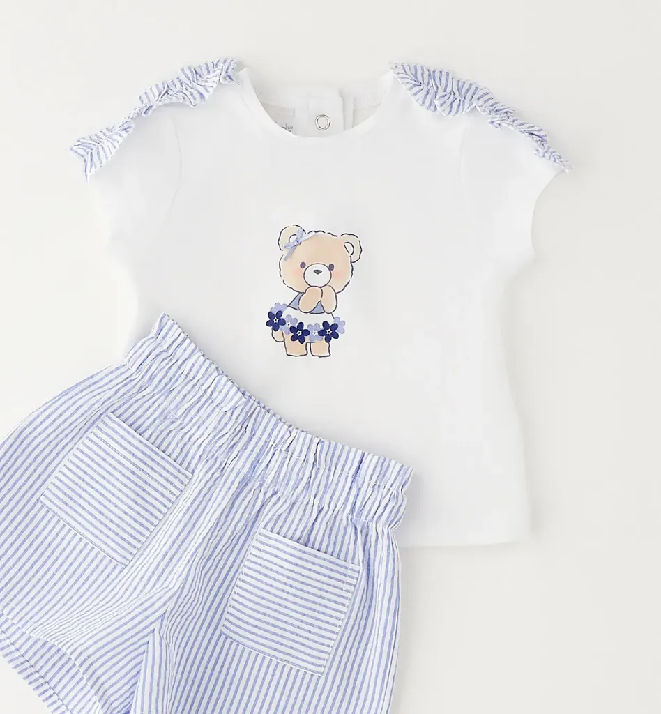 [3.G756.00] MINIBANDA - ENSEMBLE Fille short + blouse bleu Ciel & Blanc (3 mois)