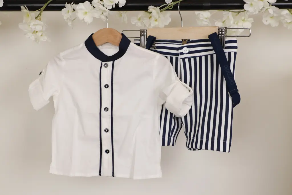 [7679] BIMBALO - Ensemble garçon ligné bleu et blanc + bretelle (12mois)