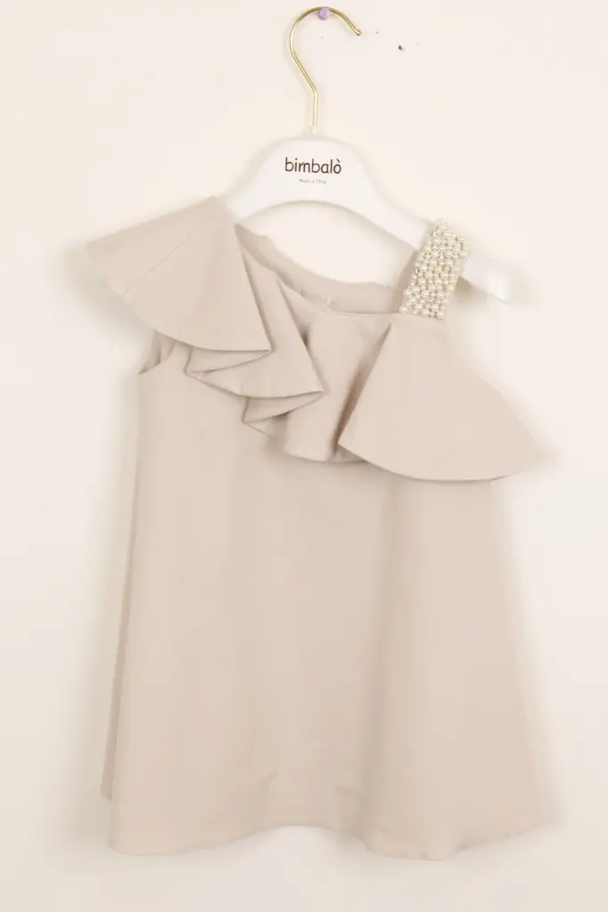 [7646P-12M] BIMBALO - Robe Manche Volant Beige + Perle (12mois)