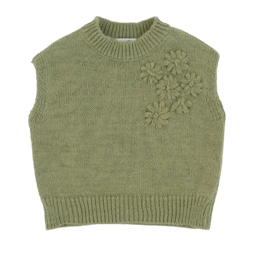 MAGIL - Fille - Pull sans manche vert détail Fleur